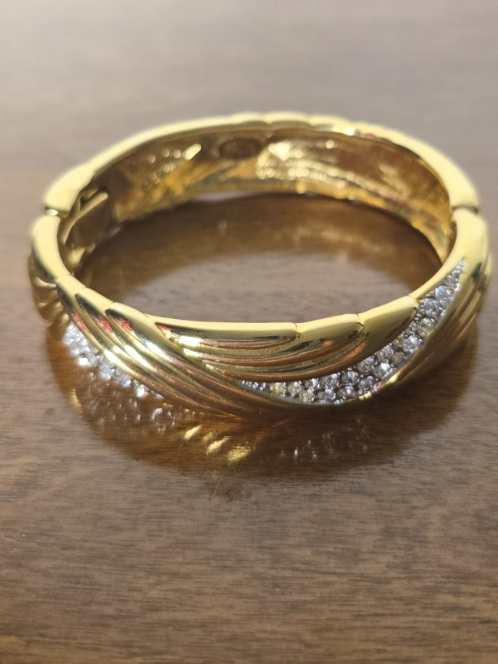 Vintage Nolan Miller Gold-Tone Twisted Pavé Crystal Hinged Bangle Bracelet